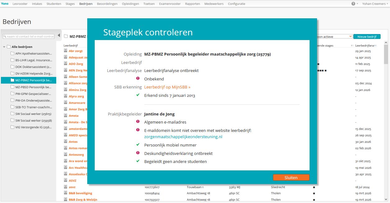 Controle van stageplekken in studentinformatiesysteem Yuno.