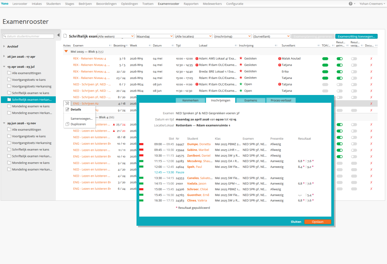 Examenplanning in studentinformatiesysteem Yuno.